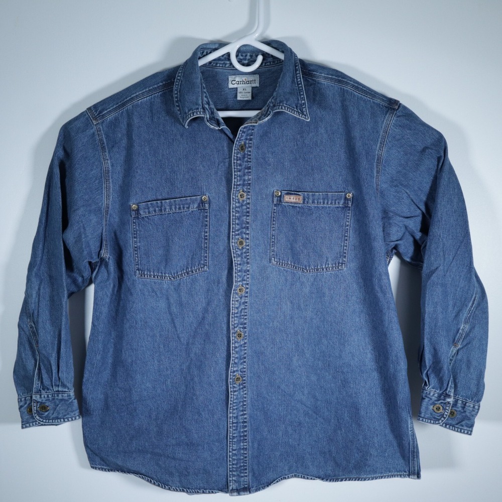 Carhartt Shirt Men Extra Large XL Blue Denim Long Sleeve 100% Cotton